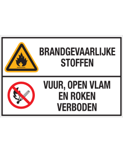 Bord met pictogram en tekst: "Brandgevaarlijke Stoffen - Vuur, Open Vlam en Roken Verboden" - ISO 7010 - W021, P003