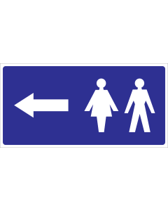 Blauw bordje met pictogram voor aanduiding ruimte voor dames en heren met pijl naar links