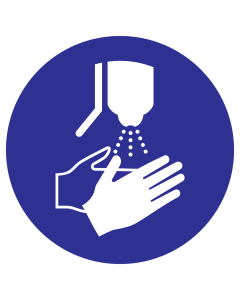 Blauw bord met pictogram handen ontsmetten verplicht