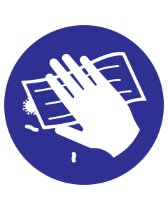 Blauw bord met pictogram oppervlak ontsmetten verplicht