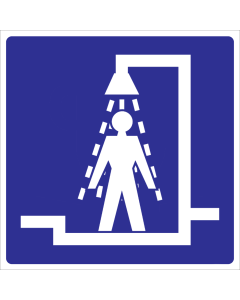 Blauw bord met pictogram voor aanduiden ruimte met douche voor heren