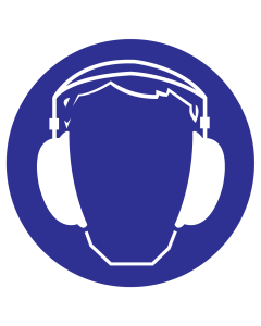 Blauw bord met pictogram om aan te duiden dat gehoorbescherming verplicht is