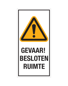 Bord met pictogram en tekst: "Gevaar! Besloten Ruimte" - ISO 7010 - W001
