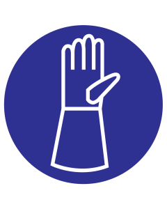 Blauw bord met pictogram om aan te duiden dat lange veiligheidshandschoenen verplicht is
