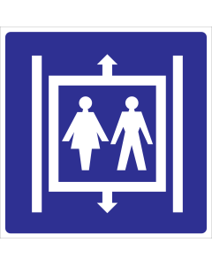 Blauw bord met pictogram voor aanduiding locatie met personenlift