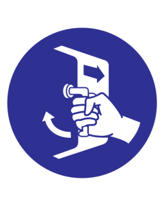 Blauw bord met pictogram om aan te duiden dat de luiken gesloten en beveiligd moeten worden