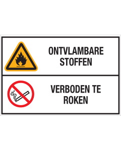 Bord met pictogram en tekst: "Ontvlambare Stoffen - Verboden te Roken" - ISO 7010 - W021, P002