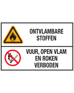 Bord met pictogram en tekst: "Ontvlambare Stoffen - Vuur, Open Vlam en Roken Verboden" - ISO 7010 - W021, P003