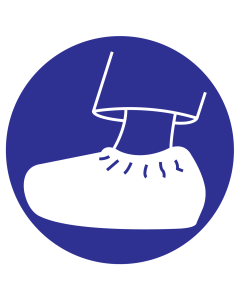 Blauw bord met pictogram om aan te duiden dat overschoenen verplicht zijn.
