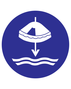 Blauw bord met pictogram voor aanduiding reddingsvlot laten zakken