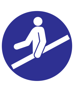 Blauw bord met pictogram om aan te duiden dat het gebruik van de trapleuning verplicht is - ISO7010 - M012