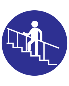 Blauw bord met pictogram om aan te duiden dat het gebruiken van de trapleuning verplicht is