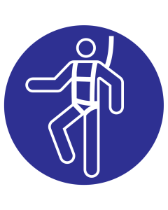 Blauw bord met pictogram om aan te duiden dat een harnas verplicht is - ISO7010 - M018