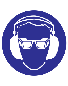 Blauw bord met pictogram om aan te duiden dat gehoor en oogbescherming verplicht is