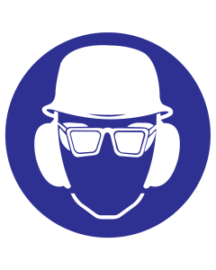 Blauw bord met pictogram om aan te duiden dat een bril, oorkap en helm verplicht is