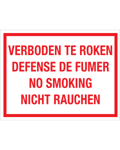 Bord Verboden te Roken - 4 talen NL, FR, EN en DU - wit tekstbord met rode tekst