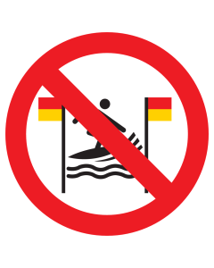 Bord met pictogram surfen verboden tussen de rode en gele vlaggen ISO7010 - P064