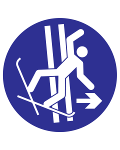 Blauw bord met pictogram voor aanduiding onmiddellijk skispoor verlaten.