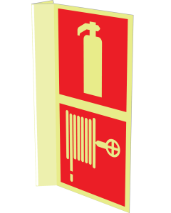Gecombineerd fotoluminescerend haaks bord met pictogram van een brandblusser en brandslanghaspel
