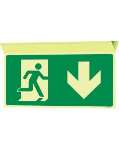 Fotoluminescerend haaks bord met pictogram nooduitgang naar beneden plafondbevestiging ISO 7010
