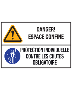 Bord met pictogram en tekst: "Danger! Espace Confine - Protection Individuelle Contre Les Chutes Obligatoire  - ISO 7010 - W001, M018