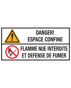 Bord met pictogram en tekst: "Danger! Espace Confine - Flamme Nue Interdite et Defense de Fumer" - ISO 7010 - W001, P003
