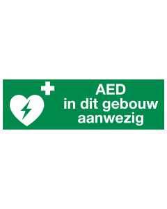 Sticker met pictogram en tekst AED in dit gebouw aanwezig ISO 7010 (Raamsticker)