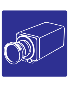 Blauwe spiegelbeeld sticker met pictogram camera voor het aanduiden van camerabewaking
