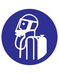 Blauwe sticker met pictogram om aan te duiden dat het dragen van ademhalingsapparatuur verplicht is - ISO7010 - M047
