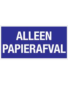 Blauwe sticker met tekst voor afvalscheiding van papierafval