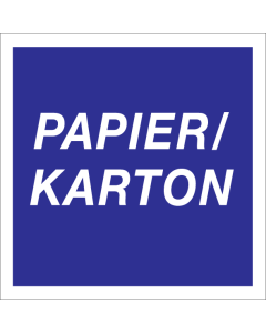 Blauwe sticker met pictogram voor afvalscheiding van papier en karton