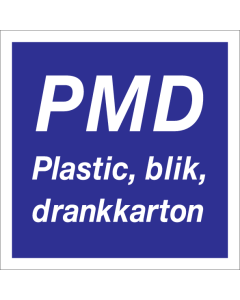 Blauwe sticker met pictogram voor afvalscheiding van PMD