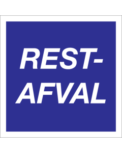 Blauwe sticker met tekst voor het scheiden van restafval