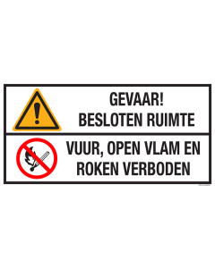 Sticker met pictogram en tekst: "Gevaar! Besloten Ruimte - Vuur, Open Vlam en Roken Verboden" - ISO 7010 - W001, P003