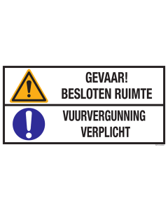 Sticker met pictogram en tekst: "Gevaar! Besloten Ruimte - Vuurvergunning Verplicht" - ISO 7010 - W001, M001