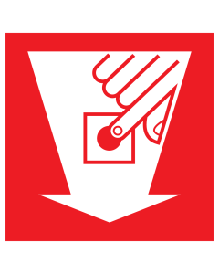 Sticker met pictogram van een handbrandmelder in een pijl