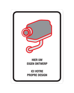 Sticker met pictogram voor het aanduiden van camerabewaking volgens wet 21-03-07 met eigen tekst
