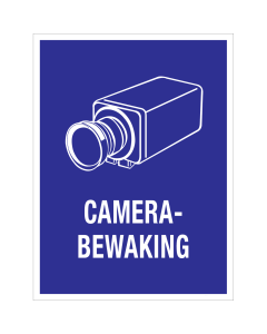 Blauwe sticker met camera en tekst voor het aanduiden van camerabewaking