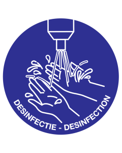 Blauwe sticker met pictogram en tekst om aan te duiden dat desinfectie van de handen verplicht is