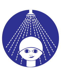Blauwe sticker met pictogram om aan te duiden dat douchen verplicht is