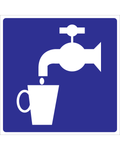 Blauwe sticker met pictogram kraan om drinkwater aan te duiden