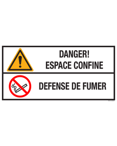 Sticker met pictogram en tekst: "Danger! Espace Confine - Defense de Fumer" - ISO 7010 - W001, P002