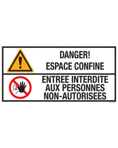 Sticker met pictogram en tekst: "Danger! Espace Confine - Entree Interdite Aux Personnes Non-Autorisees"