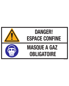 Sticker met pictogram en tekst: "Danger! Espace Confine - Masque a Gaz Obligatoire" - ISO 7010 - W001, M017