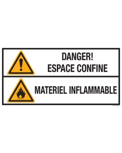 Sticker met pictogram en tekst: "Danger! Espace Confine - Materiel Inflammable" - ISO 7010 - W001, W021