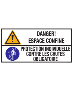 Sticker met pictogram en tekst: "Danger! Espace Confine - Protection Individuelle Contre Les Chutes Obligatoire  - ISO 7010 - W001, M018