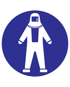 Blauwe sticker met pictogram om aan te duiden dat het dragen van een gaspak verplicht is
