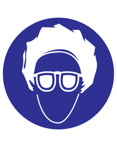 Blauwe sticker met pictogram om aan te duiden dat een haarnet en oogbescherming verplicht is