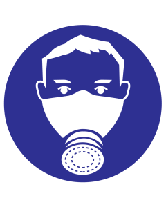 Blauwe sticker met pictogram om aan te duiden dat het dragen van een halfgelaatsmasker verplicht is
