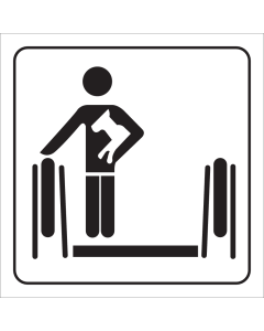 Witte sticker met pictogram voor het aanduiden van een hond optillen op de roltrap